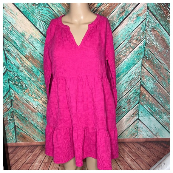 Mododoc Barbie Pink Double Layer Gauze Mandarin Collar Fuchsia Dress - Picture 7 of 7